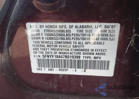 2007 Honda Pilot Ex z USA, uszkodzony, nr VIN 5FNYF18447B019399